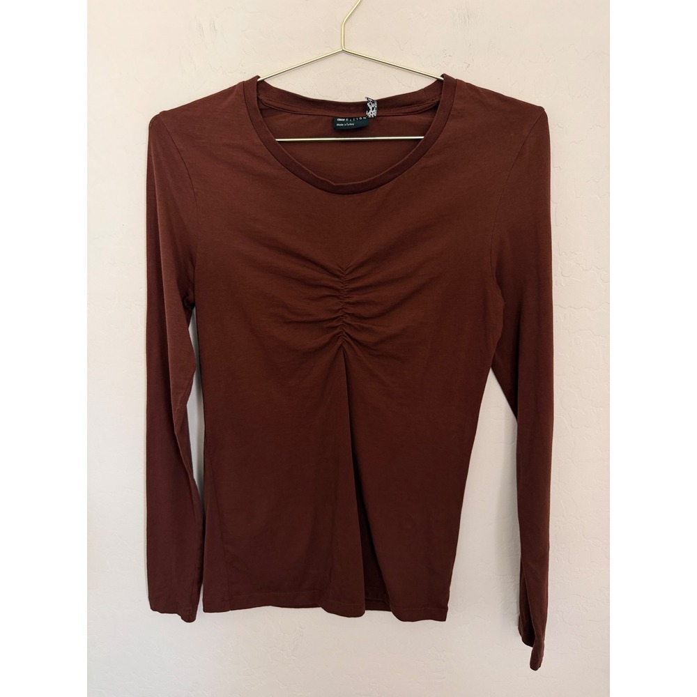 ASOS DESIGN Womens Brown Ruched Front Long Sleeve Slim Fit Cotton Top Size M